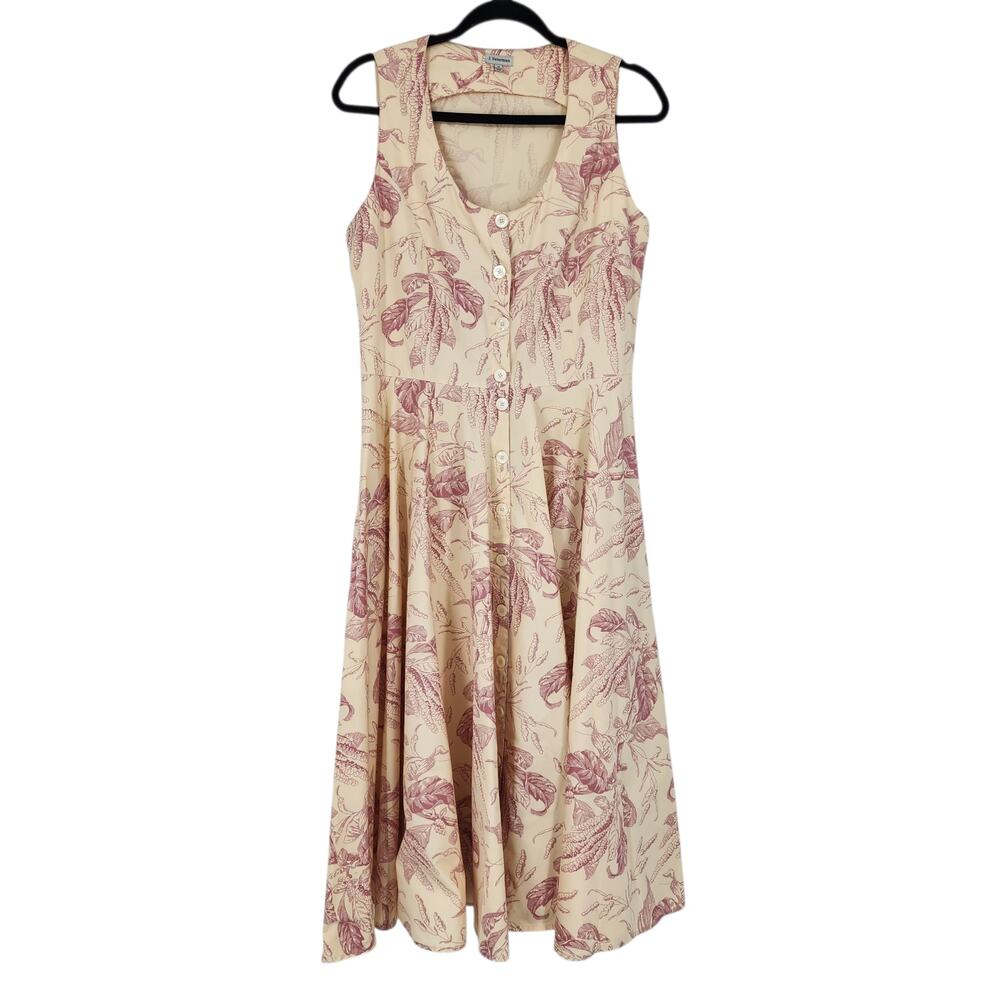 J Peterman Cream & Pink Botanical Toile Cotton Button Front Midi Dress Size 12